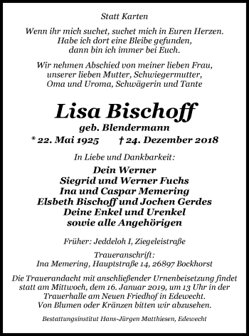 Traueranzeige von Lisa Bischoff von Nordwest-Zeitung