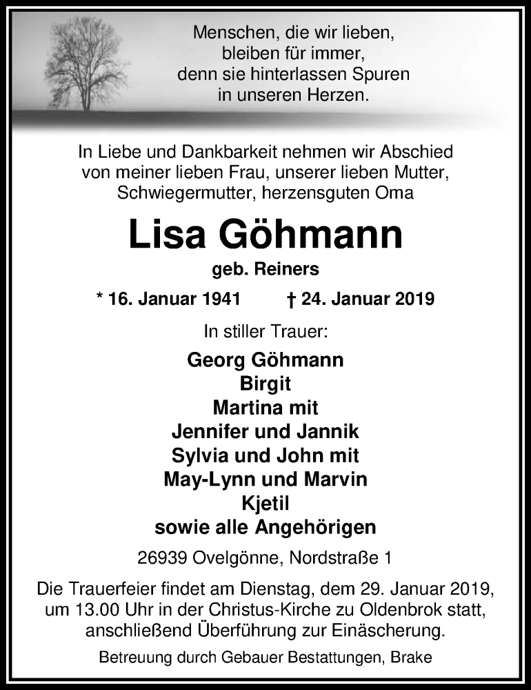 Traueranzeige für Lisa Göhmann vom 26.01.2019 aus Nordwest-Zeitung