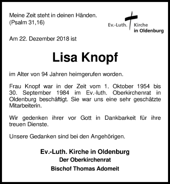 Traueranzeige von Lisa Knopf von Nordwest-Zeitung