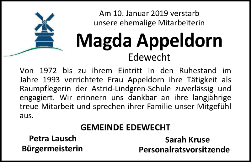  Traueranzeige für Magda Appeldorn vom 12.01.2019 aus Nordwest-Zeitung