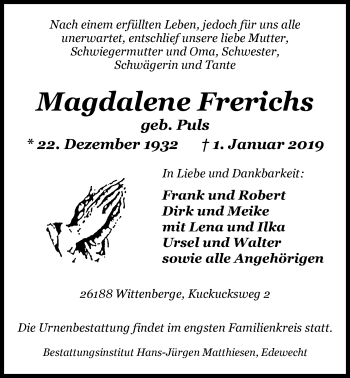 Traueranzeige von Magdalene Frerichs von Nordwest-Zeitung