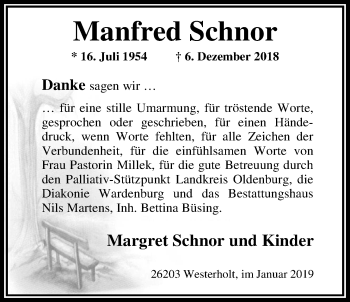 Traueranzeige von Manfred Schnor von Nordwest-Zeitung