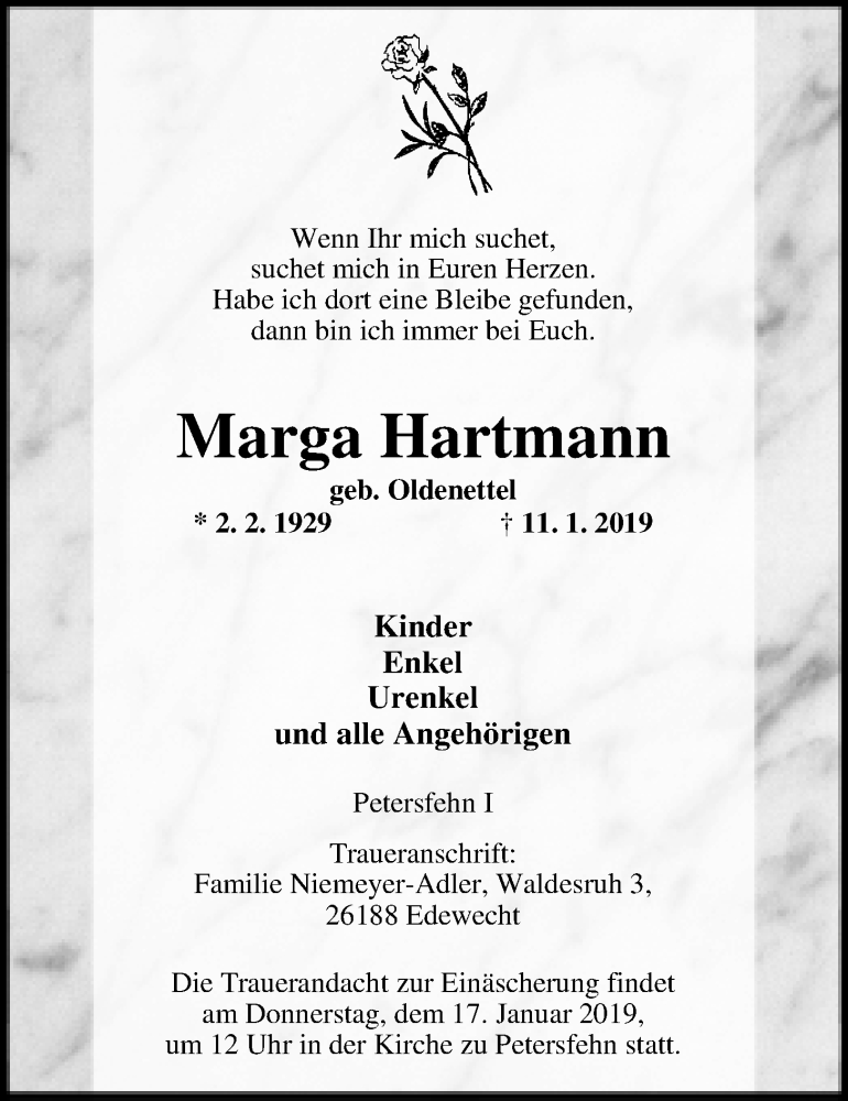  Traueranzeige für Marga Hartmann vom 15.01.2019 aus Nordwest-Zeitung