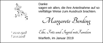 Traueranzeige von Margarete Berding von Nordwest-Zeitung