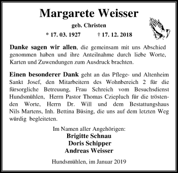 Traueranzeige von Margarete Weisser von Nordwest-Zeitung