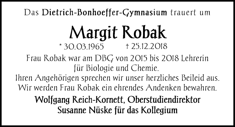  Traueranzeige für Margit Robak vom 08.01.2019 aus Nordwest-Zeitung