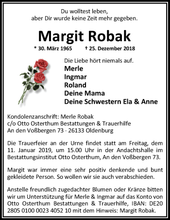 Traueranzeige von Margit Robak von Nordwest-Zeitung