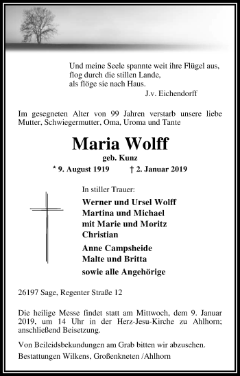 Traueranzeigen Von Maria Wolff Nordwest Trauer De