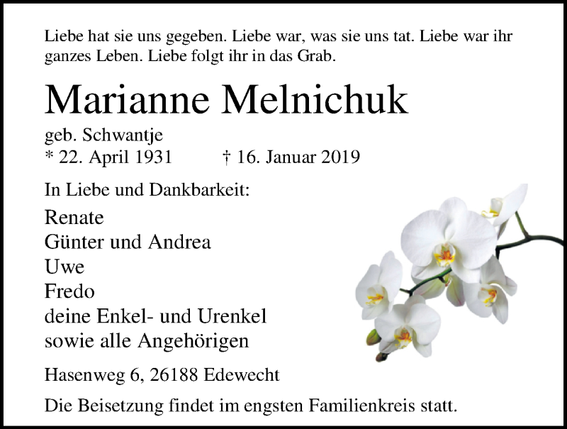  Traueranzeige für Marianne Melnichuk vom 18.01.2019 aus Nordwest-Zeitung