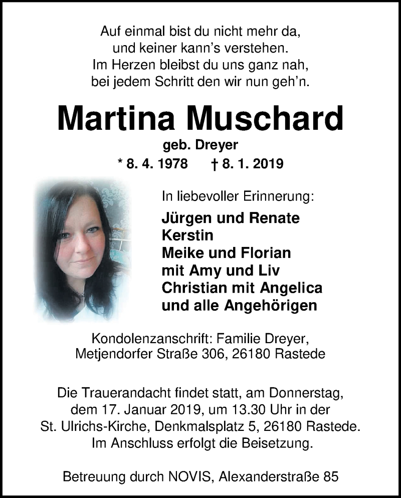  Traueranzeige für Martina Muschard vom 14.01.2019 aus Nordwest-Zeitung