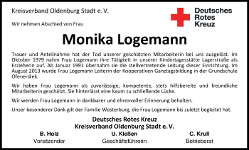 Traueranzeige von Monika Logemann von Nordwest-Zeitung