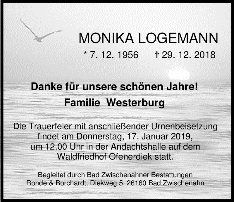  Traueranzeige für Monika Logemann vom 05.01.2019 aus Nordwest-Zeitung