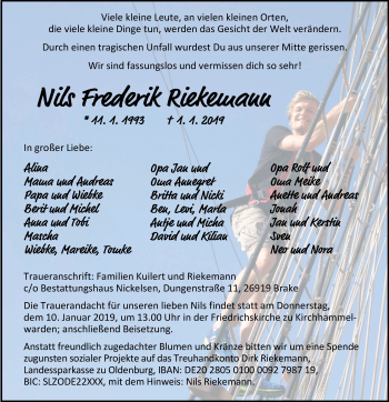 Traueranzeige von Nils Frederik Riekemann von Nordwest-Zeitung