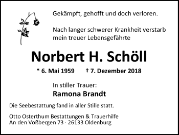Traueranzeige von Norbert Schöll von Nordwest-Zeitung