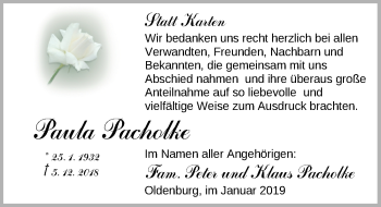 Traueranzeige von Paula Pacholke von Nordwest-Zeitung