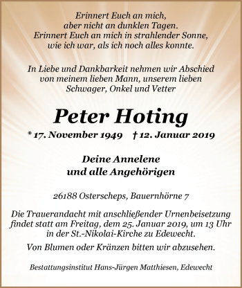 Traueranzeige von Peter Hoting von Nordwest-Zeitung