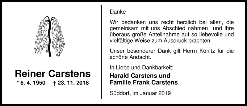  Traueranzeige für Reiner Carstens vom 04.01.2019 aus Nordwest-Zeitung
