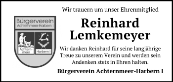 Traueranzeige von Reinhard Lemkemeyer von Nordwest-Zeitung