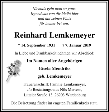 Traueranzeige von Reinhard Lemkemeyer von Nordwest-Zeitung