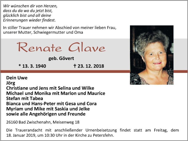  Traueranzeige für Renate Glave vom 08.01.2019 aus Nordwest-Zeitung