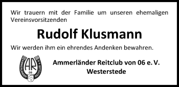 Traueranzeige von Rudolf Klusmann von Nordwest-Zeitung