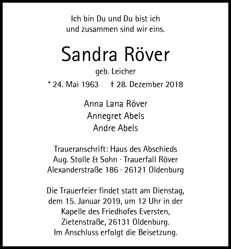  Traueranzeige für Sandra Röver vom 09.01.2019 aus Nordwest-Zeitung