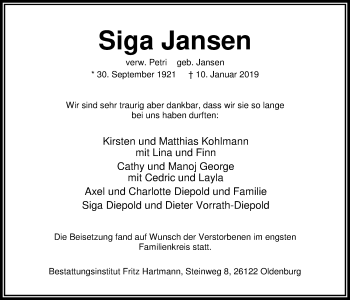 Traueranzeige von Siga Jansen von Nordwest-Zeitung