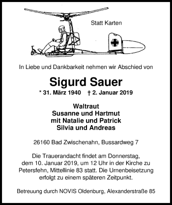 Traueranzeige von Sigurd Sauer von Nordwest-Zeitung