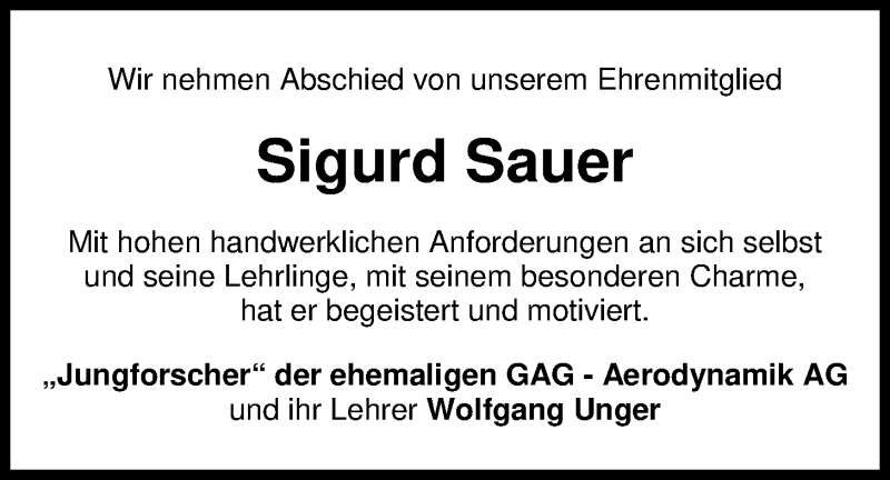 Traueranzeige für Sigurd Sauer vom 08.01.2019 aus Nordwest-Zeitung