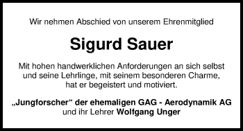 Traueranzeige von Sigurd Sauer von Nordwest-Zeitung