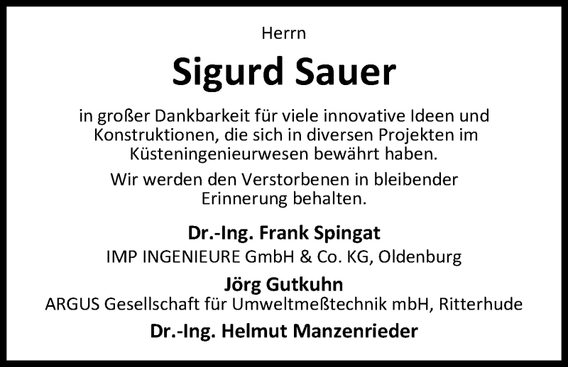  Traueranzeige für Sigurd Sauer vom 10.01.2019 aus Nordwest-Zeitung