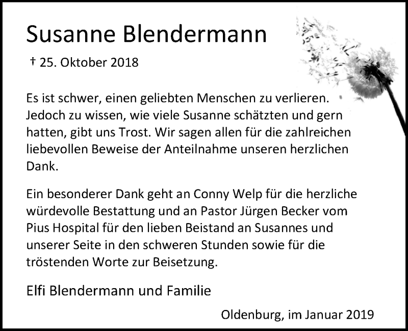  Traueranzeige für Susanne Blendermann vom 19.01.2019 aus Nordwest-Zeitung