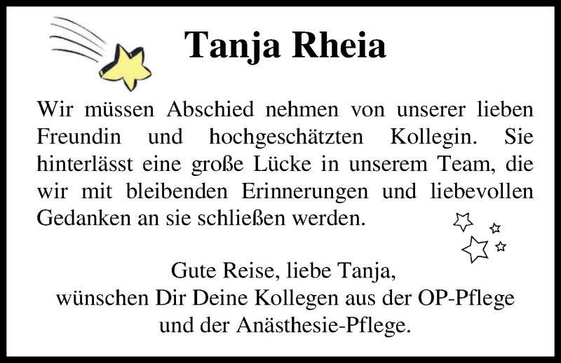  Traueranzeige für Tanja Rheia vom 09.01.2019 aus Nordwest-Zeitung