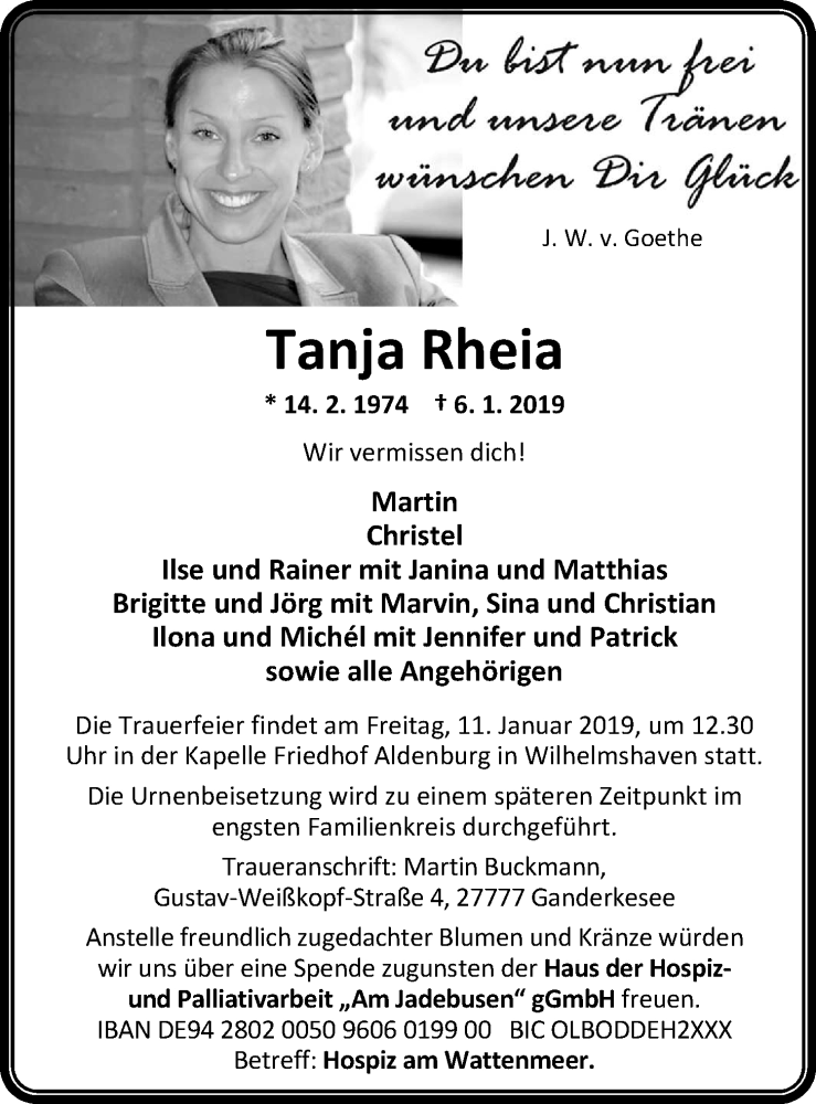  Traueranzeige für Tanja Rheia vom 09.01.2019 aus Nordwest-Zeitung
