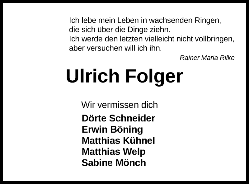  Traueranzeige für Ulrich Folger vom 26.01.2019 aus Nordwest-Zeitung