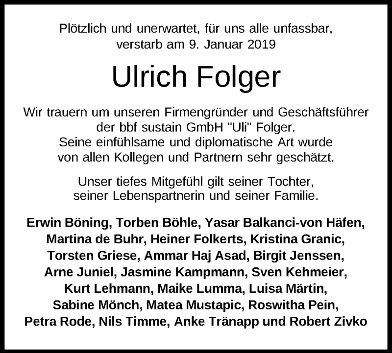  Traueranzeige für Ulrich Folger vom 26.01.2019 aus Nordwest-Zeitung