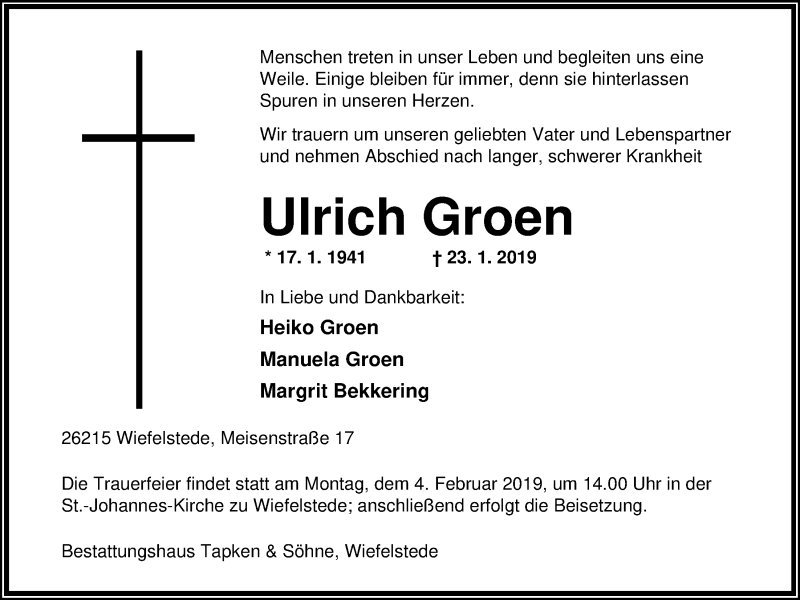  Traueranzeige für Ulrich Groen vom 26.01.2019 aus Nordwest-Zeitung