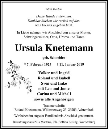 Traueranzeige von Ursula Knetemann von Nordwest-Zeitung
