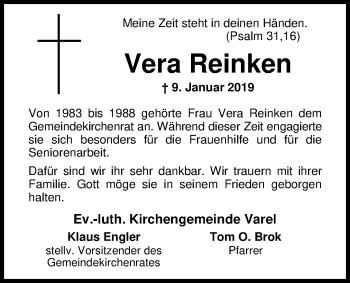 Traueranzeige von Vera Reinken von Nordwest-Zeitung