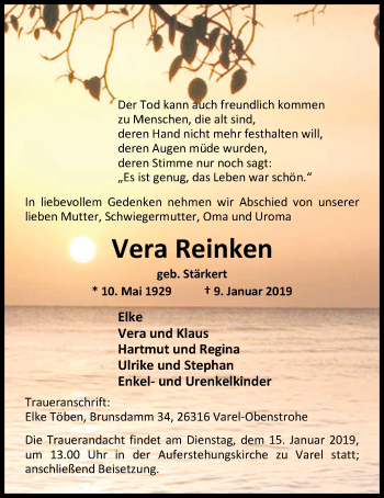 Traueranzeige von Vera Reinken von Nordwest-Zeitung
