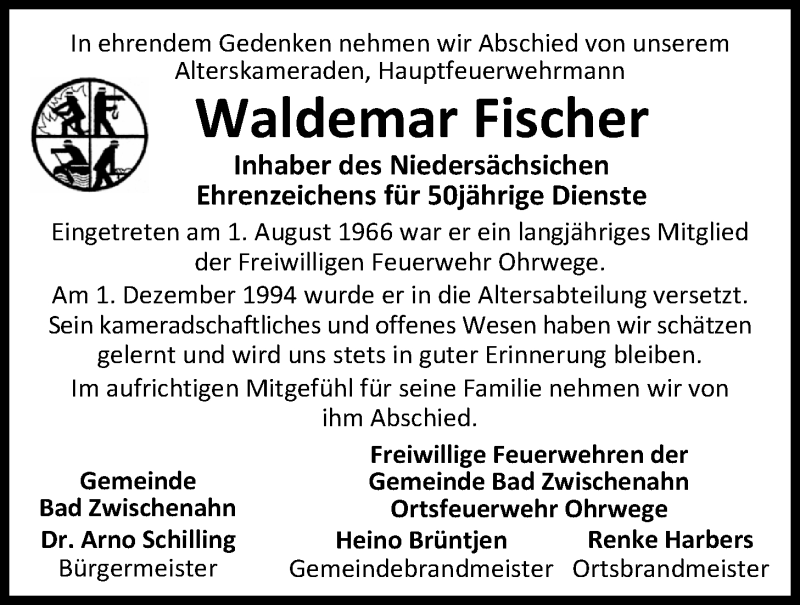  Traueranzeige für Waldemar Fischer vom 15.01.2019 aus Nordwest-Zeitung