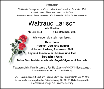 Traueranzeige von Waltraud Larisch von Nordwest-Zeitung