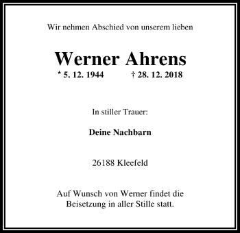 Traueranzeige von Werner Ahrens von Nordwest-Zeitung