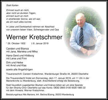 Traueranzeige von Werner Kretschmer von Nordwest-Zeitung