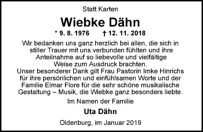  Traueranzeige für Wiebke Dähn vom 26.01.2019 aus Nordwest-Zeitung