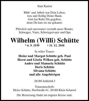 Traueranzeige von Wilhelm (Willi) Schütte von Nordwest-Zeitung