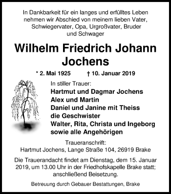 Traueranzeige von Wilhelm Friedrich Johann Jochens von Nordwest-Zeitung