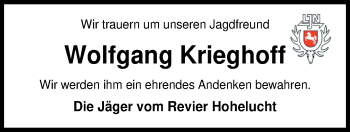 Traueranzeige von Wolfgang Krieghoff von Nordwest-Zeitung