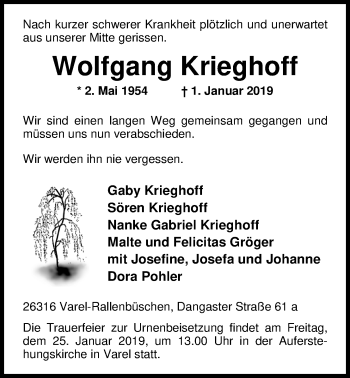 Traueranzeige von Wolfgang Krieghoff von Nordwest-Zeitung