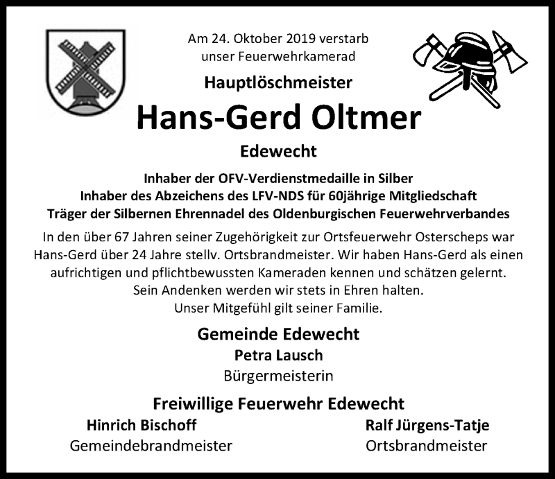  Traueranzeige für Hans-Gerd Oltmer vom 28.10.2019 aus Nordwest-Zeitung